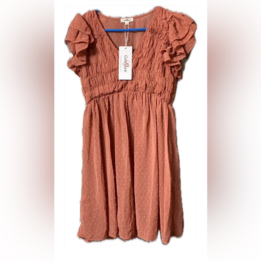 GeeGee Dress - SZ Medium - Terracotta color dress w/lining, swiss dot fabric - Picture 2 of 11